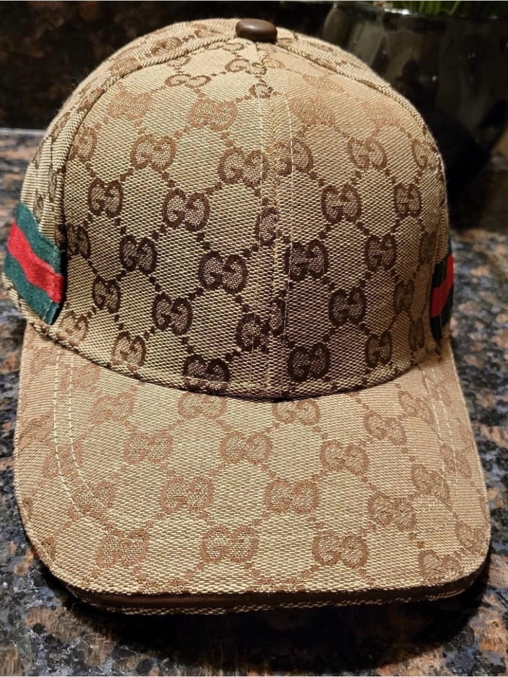 Gucci Brown GG Monogram Baseball Cap with Green-Red Web